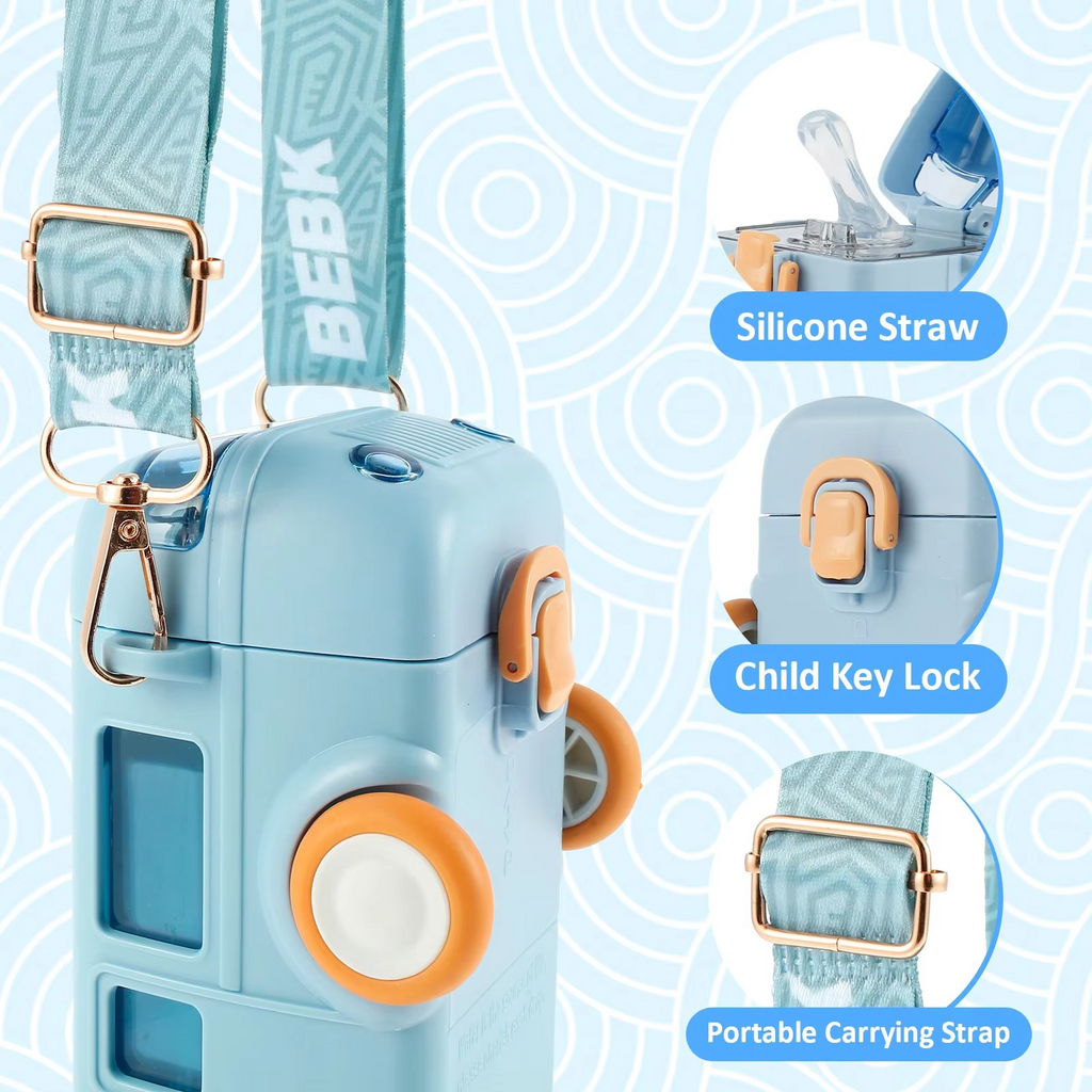 Keenso Portable Water Bottle, Detachable Bus Shape Water Bottle Material Easy To Clean Cute Portable with Cup Body Frame for Home (Blue 500ml