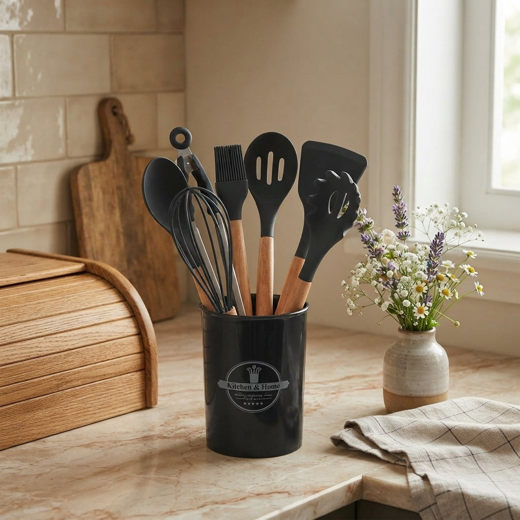 Silicone Cooking Utensils Set,11Pcs Large Heat Resistant Kitchen Utensils, Turner Tongs, Spatula, Spoon, Wooden Handle Kitchen Gadgets with Holder for Nonstick Cookware, Dishwasher Safe (Black)
