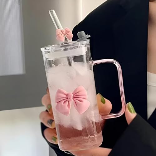 Girls Lovely 400ml Girls Glass Cup with Delicate Bowknot Design, Includes Matching Glass Straw with Bow and Leakproof Plastic Lid Cute Tumbler for Coffee, Juice