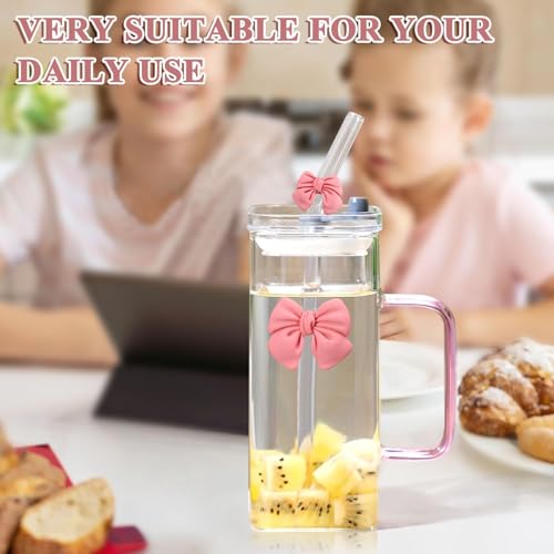 Girls Lovely 400ml Girls Glass Cup with Delicate Bowknot Design, Includes Matching Glass Straw with Bow and Leakproof Plastic Lid Cute Tumbler for Coffee, Juice