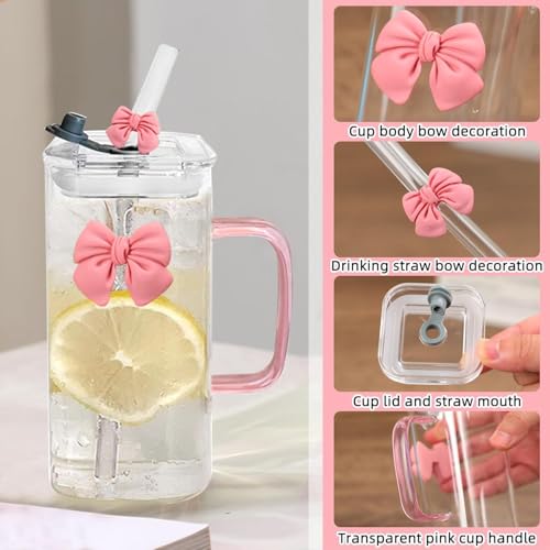 Girls Lovely 400ml Girls Glass Cup with Delicate Bowknot Design, Includes Matching Glass Straw with Bow and Leakproof Plastic Lid Cute Tumbler for Coffee, Juice