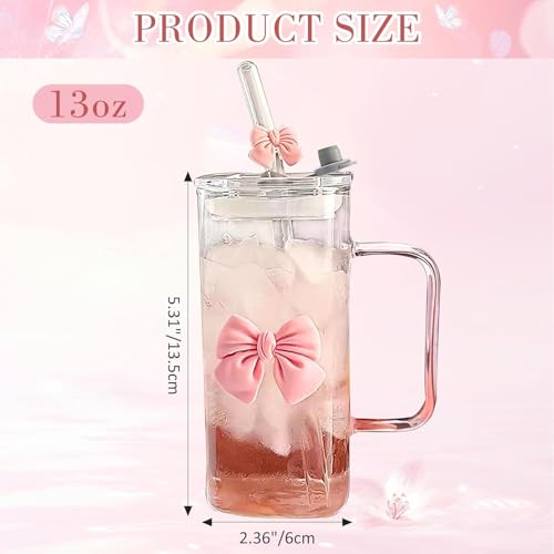 Girls Lovely 400ml Girls Glass Cup with Delicate Bowknot Design, Includes Matching Glass Straw with Bow and Leakproof Plastic Lid Cute Tumbler for Coffee, Juice