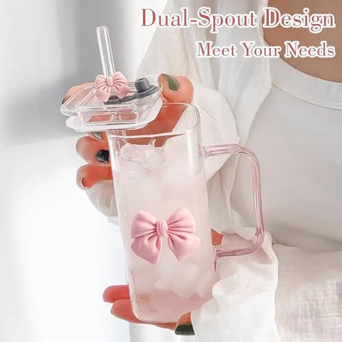 Girls Lovely 400ml Girls Glass Cup with Delicate Bowknot Design, Includes Matching Glass Straw with Bow and Leakproof Plastic Lid Cute Tumbler for Coffee, Juice