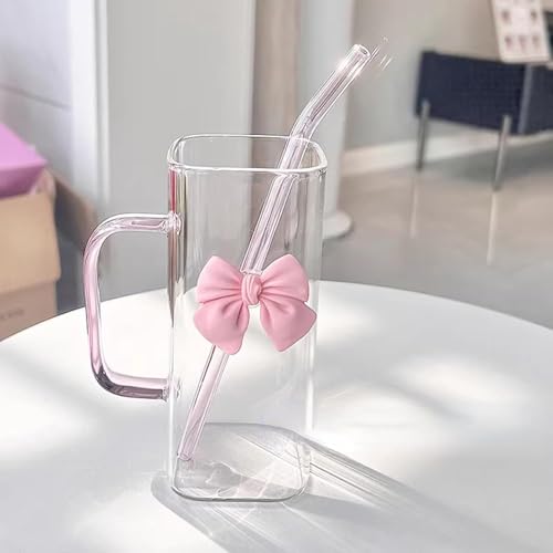 Girls Lovely 400ml Girls Glass Cup with Delicate Bowknot Design, Includes Matching Glass Straw with Bow and Leakproof Plastic Lid Cute Tumbler for Coffee, Juice