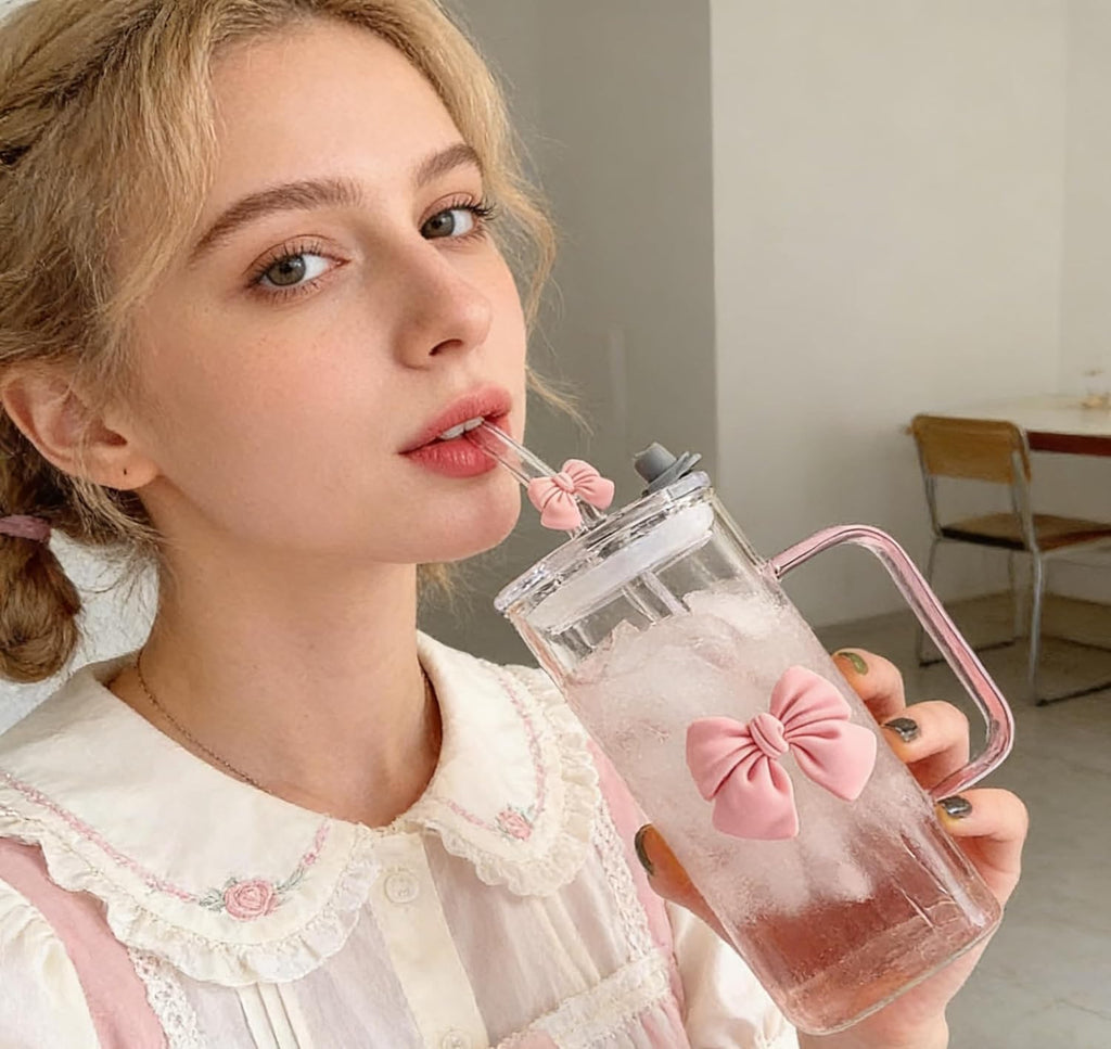 450ml Glass Cups with Lids And Straws Butterfly Design Cute Glass Tumbler | Transparent Coffee Cup Reusable Hot and Cold Water Cups Drinking Cup Home Office Dorm Use