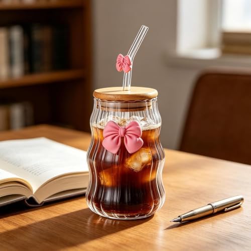 450ml Glass Cups with Lids And Straws Butterfly Design Cute Glass Tumbler | Transparent Coffee Cup Reusable Hot and Cold Water Cups Drinking Cup Home Office Dorm Use
