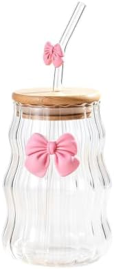 450ml Glass Cups with Lids And Straws Butterfly Design Cute Glass Tumbler | Transparent Coffee Cup Reusable Hot and Cold Water Cups Drinking Cup Home Office Dorm Use