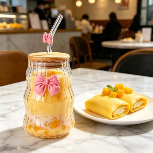 450ml Glass Cups with Lids And Straws Butterfly Design Cute Glass Tumbler | Transparent Coffee Cup Reusable Hot and Cold Water Cups Drinking Cup Home Office Dorm Use