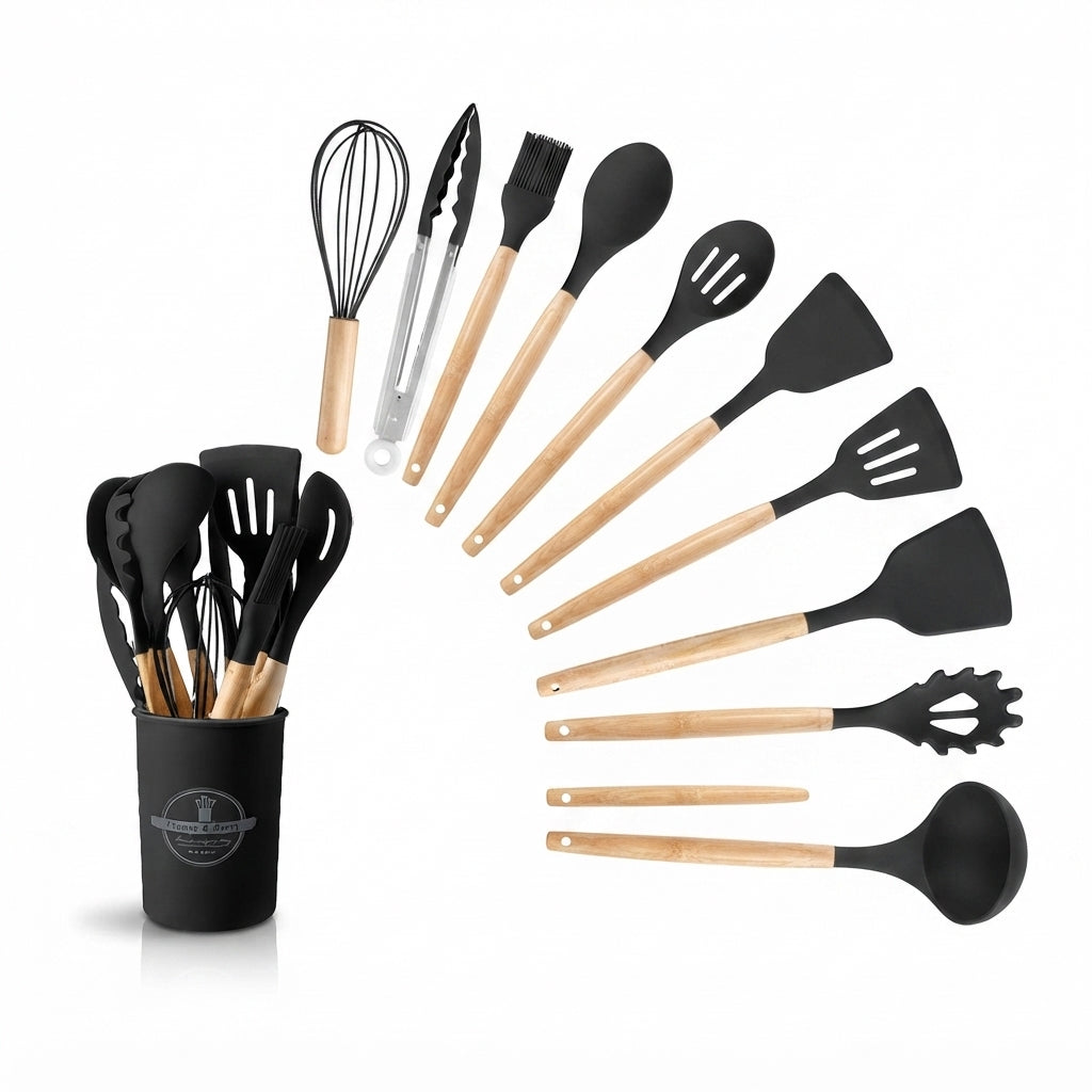 Silicone Cooking Utensils Set,11Pcs Large Heat Resistant Kitchen Utensils, Turner Tongs, Spatula, Spoon, Wooden Handle Kitchen Gadgets with Holder for Nonstick Cookware, Dishwasher Safe (Black)