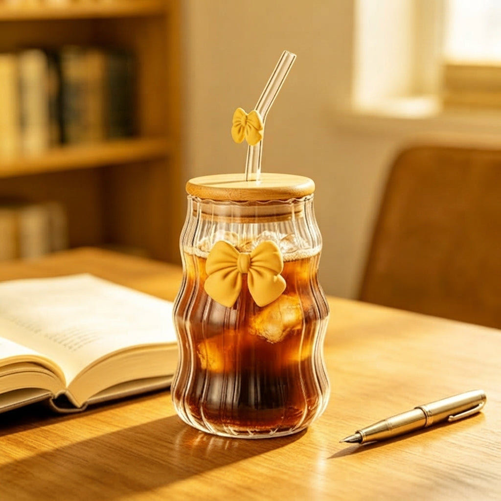 450ml Glass Cups with Lids And Straws Butterfly Design Cute Glass Tumbler | Transparent Coffee Cup Reusable Hot and Cold Water Cups Drinking Cup Home Office Dorm Use
