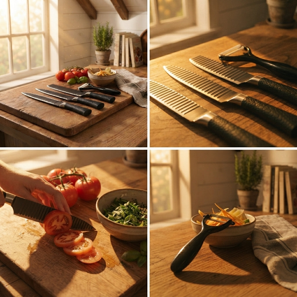 5 Pieces Kitchen knife Set, Knife Set Without Block with Sheathes, Stainless Steel Sharp Blade and Comfortable Handle, Chef Knife Set with Kitchen  and Peeler for Cooking