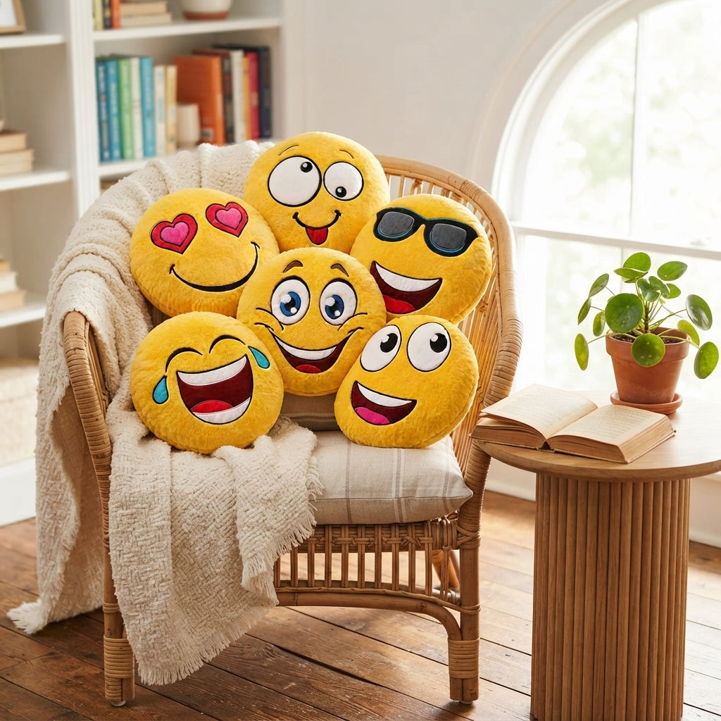 ArtCreativity 11 Inch Assorted Emoticon Pillows, Pack of 6, Soft Plush Yellow Smile Face Cushions, Fun Decorative Pillows for Bedroom, Living Room, Office, Emoticon Party Favors for Kids