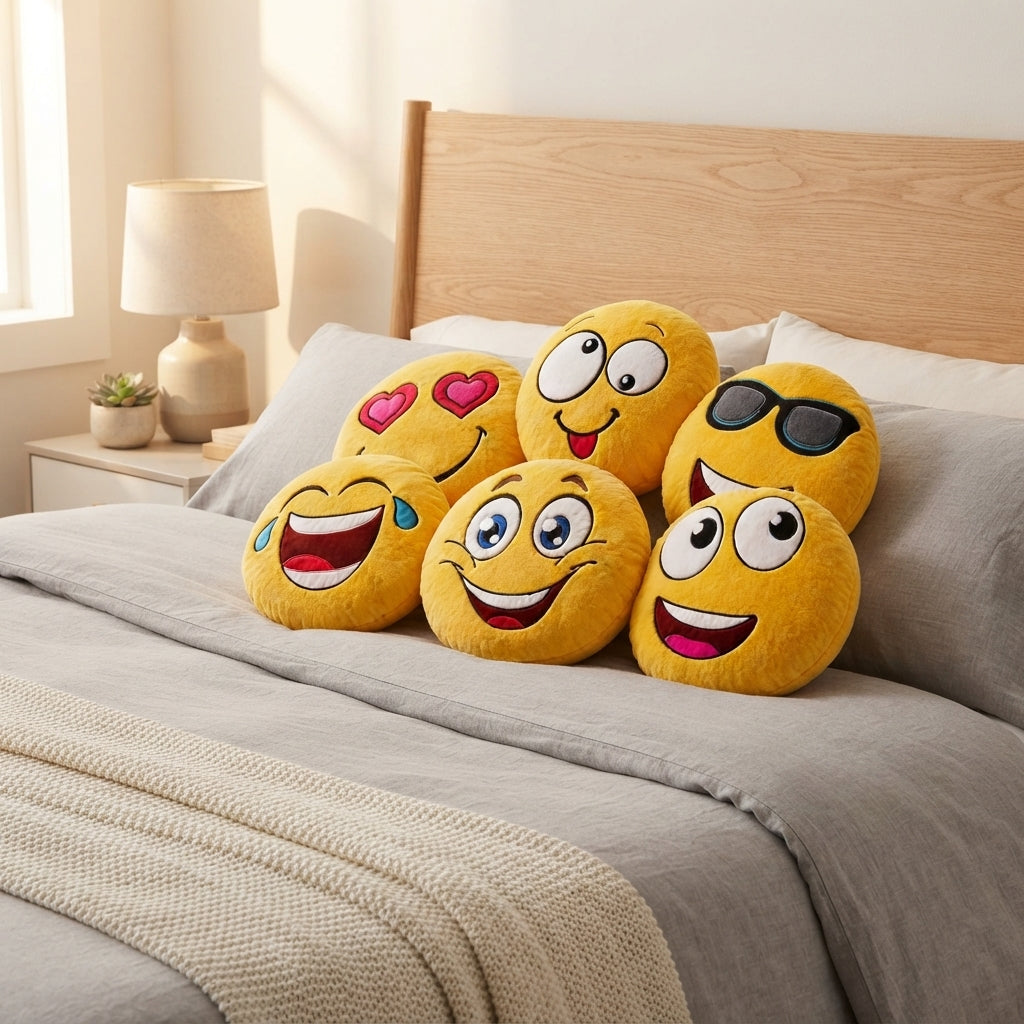 ArtCreativity 11 Inch Assorted Emoticon Pillows, Pack of 6, Soft Plush Yellow Smile Face Cushions, Fun Decorative Pillows for Bedroom, Living Room, Office, Emoticon Party Favors for Kids