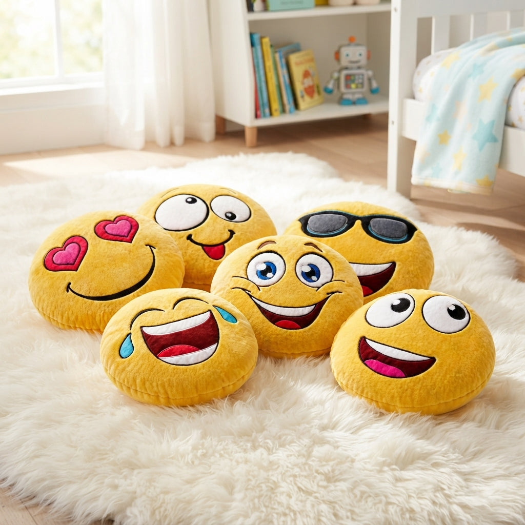 ArtCreativity 11 Inch Assorted Emoticon Pillows, Pack of 6, Soft Plush Yellow Smile Face Cushions, Fun Decorative Pillows for Bedroom, Living Room, Office, Emoticon Party Favors for Kids
