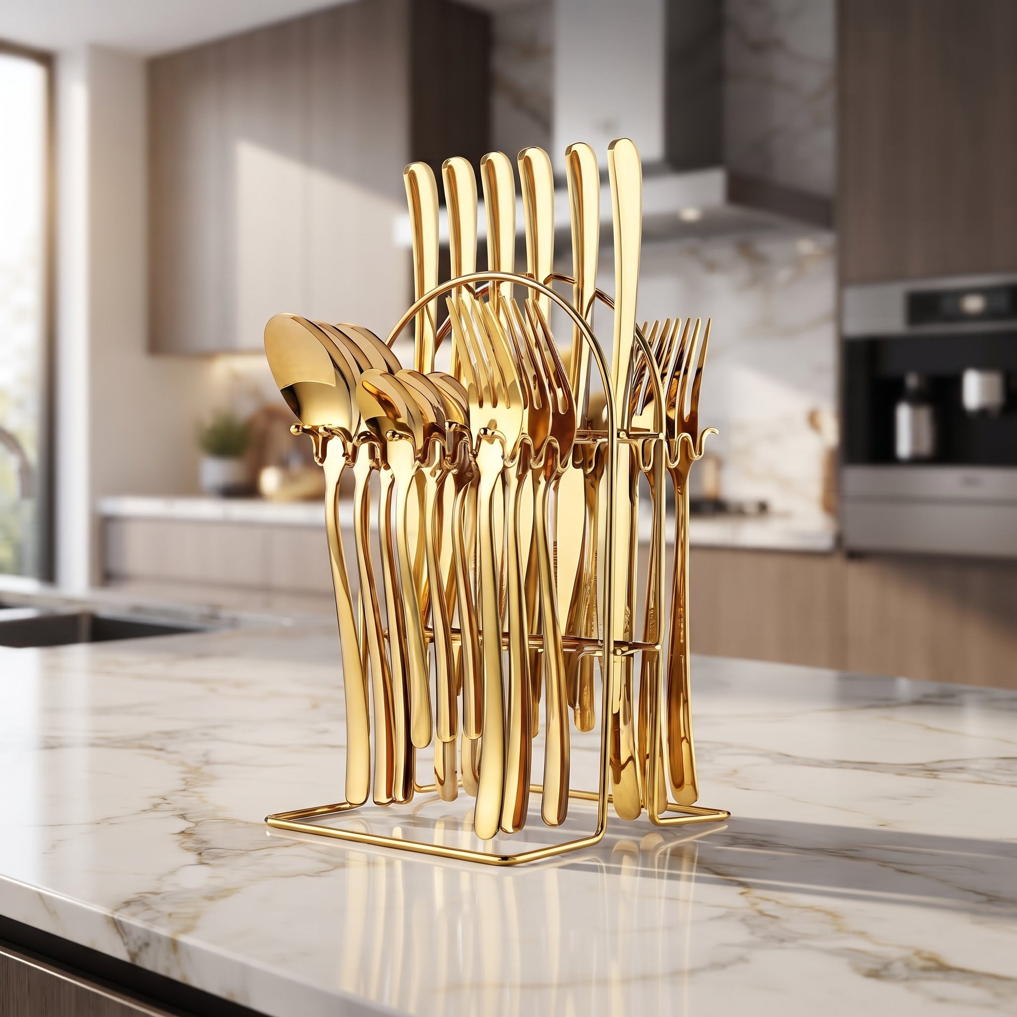24 Pieces Flatware Set,Hanging Silverware Set Service for 6 (Gold)