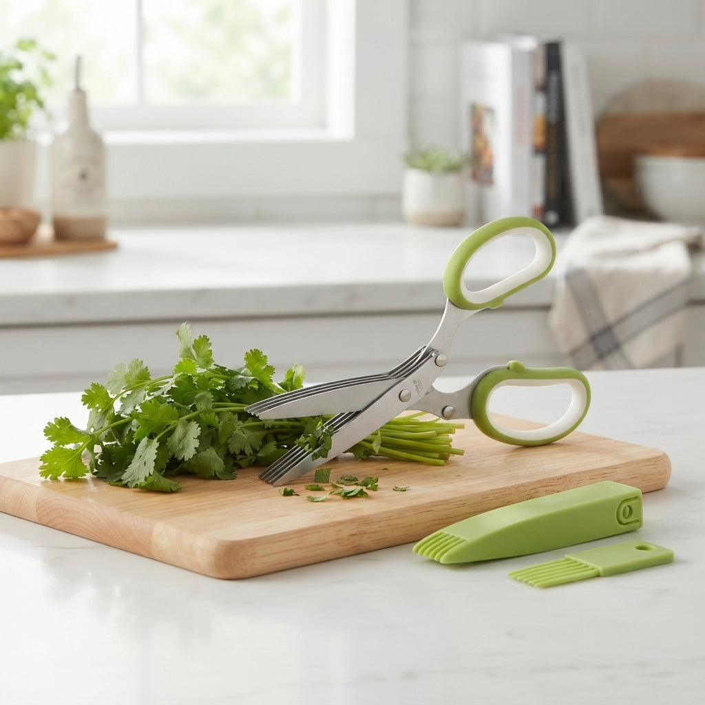 Herb scissors, Multipurpose Cutting Shears with 5 Blade Kitchen Salad Scissors, Safety Cover and Cleaning Comb for Chopping Cilantro Onion Basil Chive Parsley, Green
