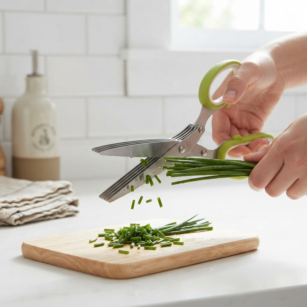 Herb scissors, Multipurpose Cutting Shears with 5 Blade Kitchen Salad Scissors, Safety Cover and Cleaning Comb for Chopping Cilantro Onion Basil Chive Parsley, Green