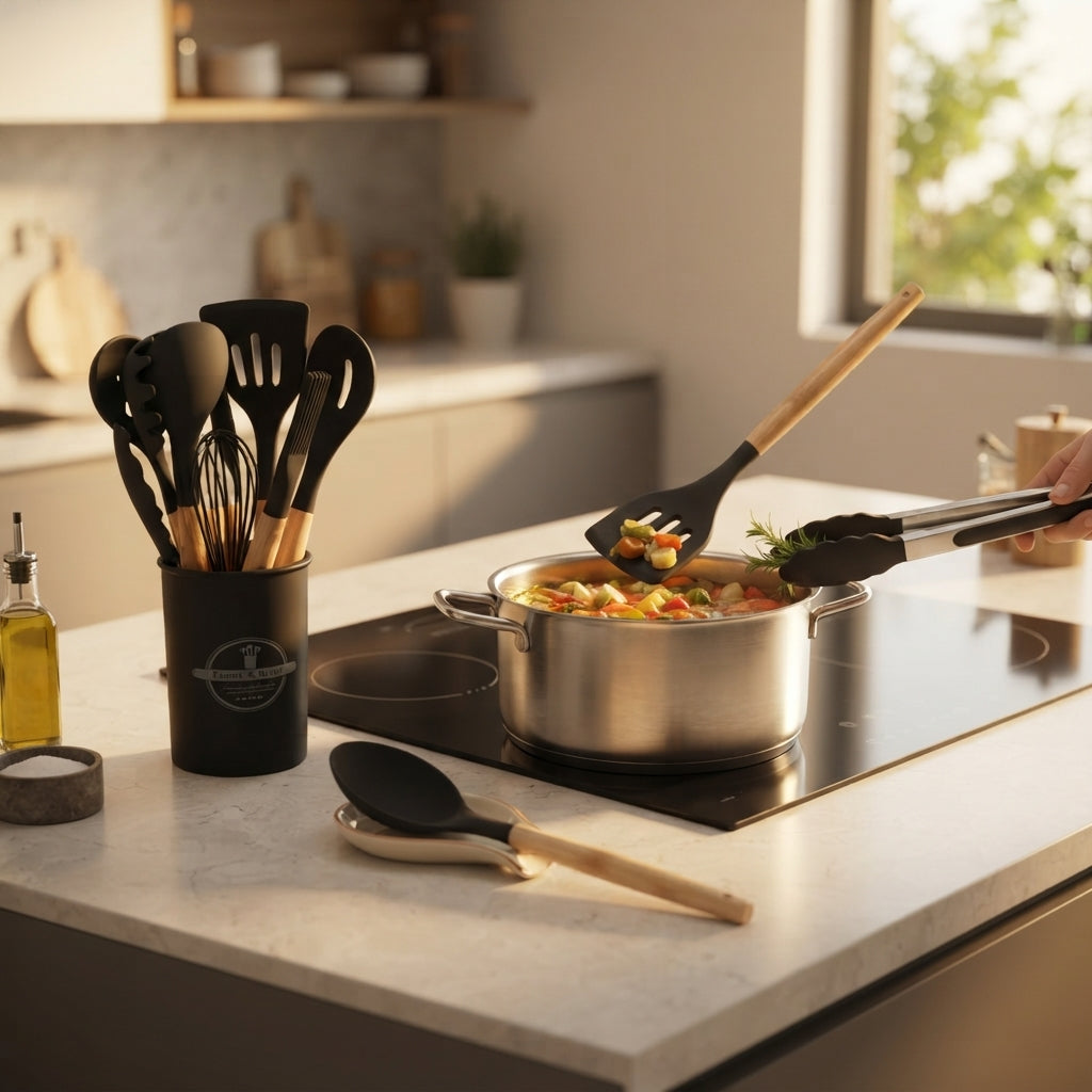 Silicone Cooking Utensils Set,11Pcs Large Heat Resistant Kitchen Utensils, Turner Tongs, Spatula, Spoon, Wooden Handle Kitchen Gadgets with Holder for Nonstick Cookware, Dishwasher Safe (Black)