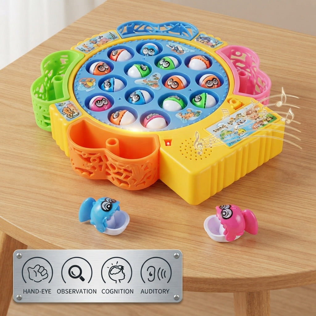 Fishing Game Toy for Kids and Toddlers, Rotating Fish Catching Board Game, Battery Operated Play Set with Music On Off Switch for Quiet Play