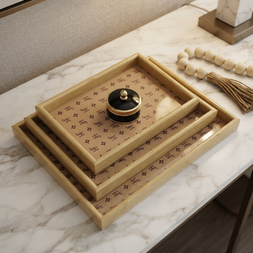 3Pcs Leather Wooden Serving Tray Set – Dual Color Decorative & Multipurpose Storage Trays for Home Kitchen & Living Room