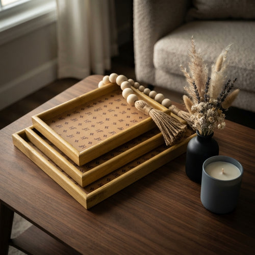 3Pcs Leather Wooden Serving Tray Set – Dual Color Decorative & Multipurpose Storage Trays for Home Kitchen & Living Room