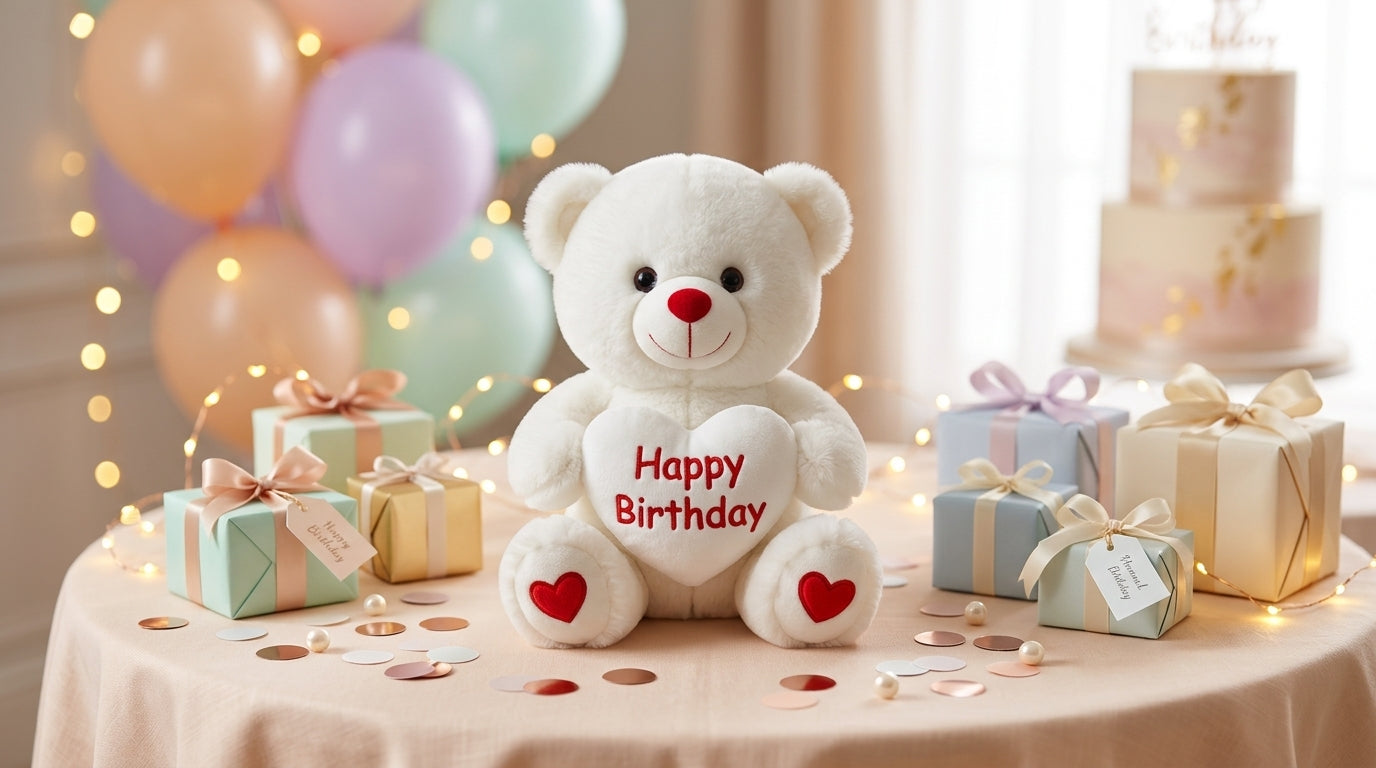 White Plush Teddy Bear with Red Heart Happy birthday  Cute Small Teddy Bear Soft Stuffed Animal Plush Doll for Happy  Birthday Gift for Kids Girls Girlfriend