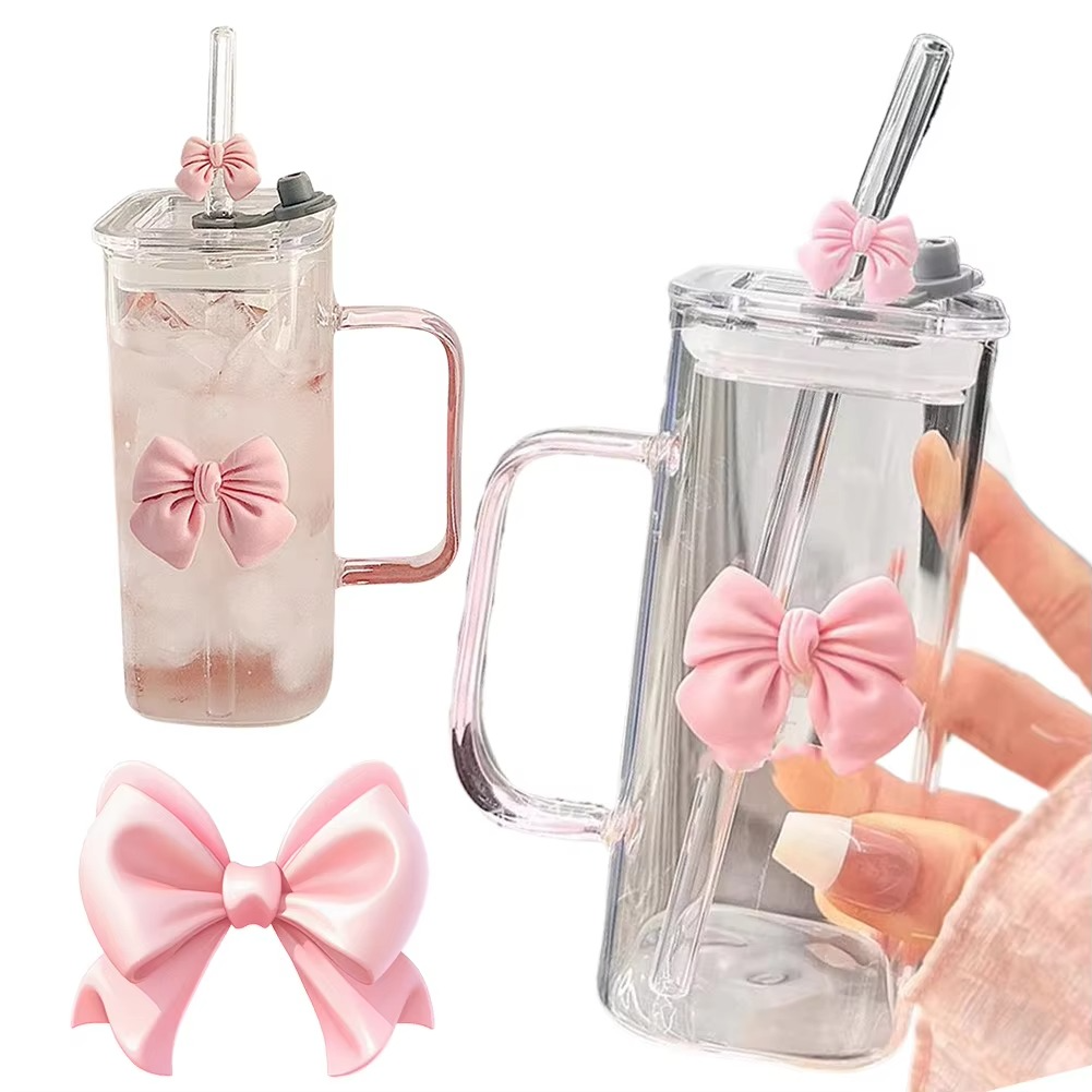 Girls Lovely 400ml Girls Glass Cup with Delicate Bowknot Design, Includes Matching Glass Straw with Bow and Leakproof Plastic Lid Cute Tumbler for Coffee, Juice