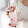 Girls Lovely 400ml Girls Glass Cup with Delicate Bowknot Design, Includes Matching Glass Straw with Bow and Leakproof Plastic Lid Cute Tumbler for Coffee, Juice