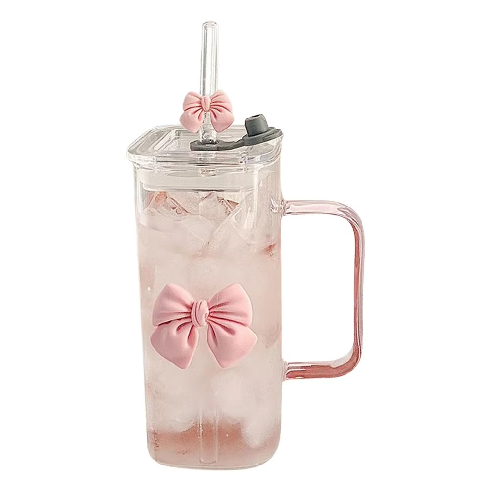 Girls Lovely 400ml Girls Glass Cup with Delicate Bowknot Design, Includes Matching Glass Straw with Bow and Leakproof Plastic Lid Cute Tumbler for Coffee, Juice