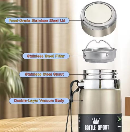1000ml Thermal Water Bottle Thermos Vacuum Flask Double Stainless Steel Coffee Tea Insulated Cup Leakage-proof for Office