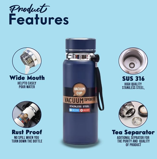 SipSavor, Stainless Steel Water Bottle, Double Walled & Vacuum Insulated,1000ml with temp display, keep drinks Cold/Hot for18 hrs Leakproof & Rust proof, Reusable ideal for Gym Office & School (Black)