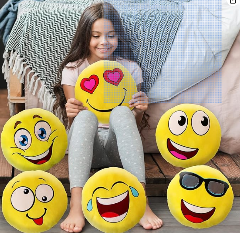 ArtCreativity 11 Inch Assorted Emoticon Pillows, Pack of 6, Soft Plush Yellow Smile Face Cushions, Fun Decorative Pillows for Bedroom, Living Room, Office, Emoticon Party Favors for Kids