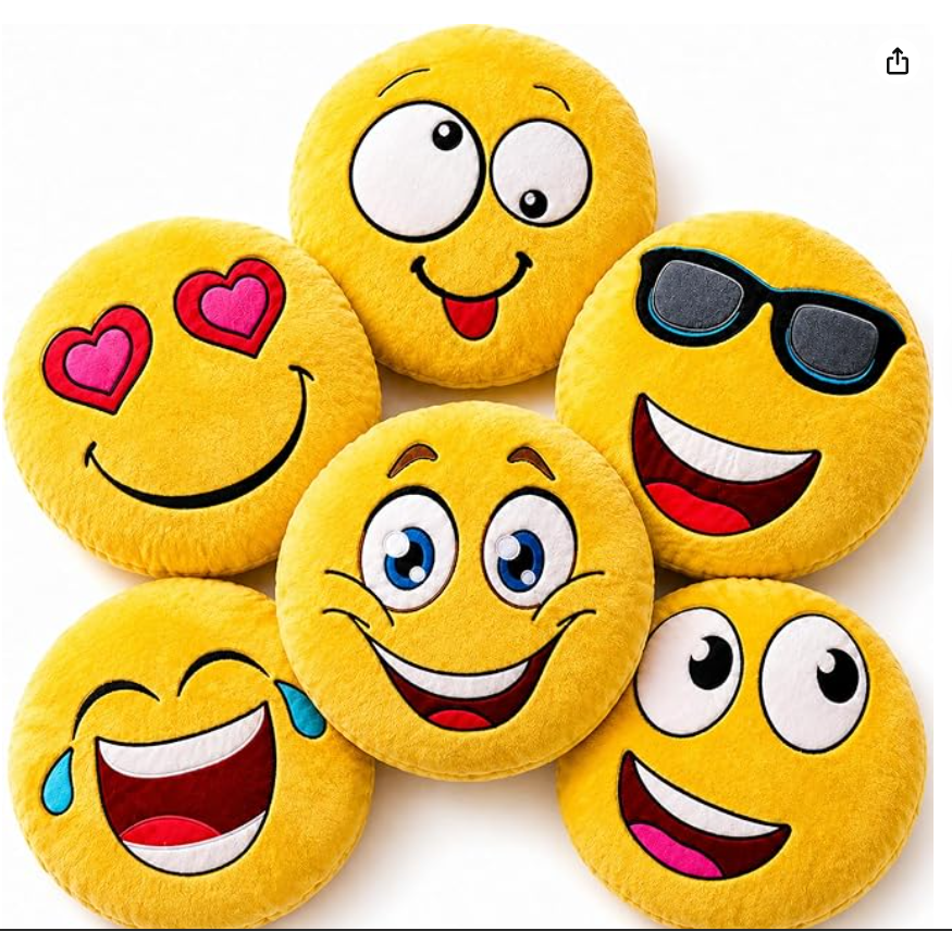 ArtCreativity 11 Inch Assorted Emoticon Pillows, Pack of 6, Soft Plush Yellow Smile Face Cushions, Fun Decorative Pillows for Bedroom, Living Room, Office, Emoticon Party Favors for Kids