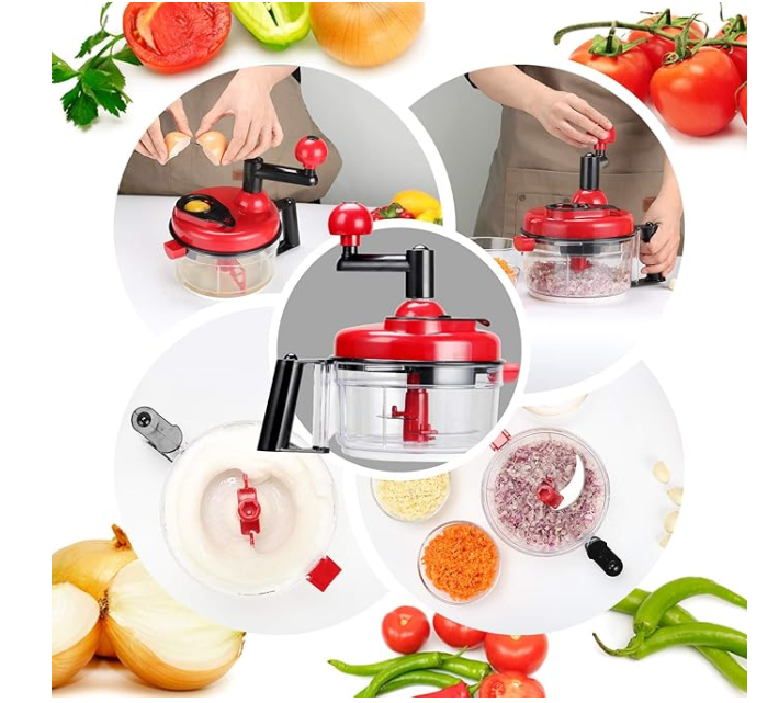 Cambom Manual Food Chopper Vegetable Chopper Hand Food Processor, Mixer, Blender, Whipper, Egg White Separator, Mincer, Grinder, Dicer with Clear Container 1200ml BPA Free Strong