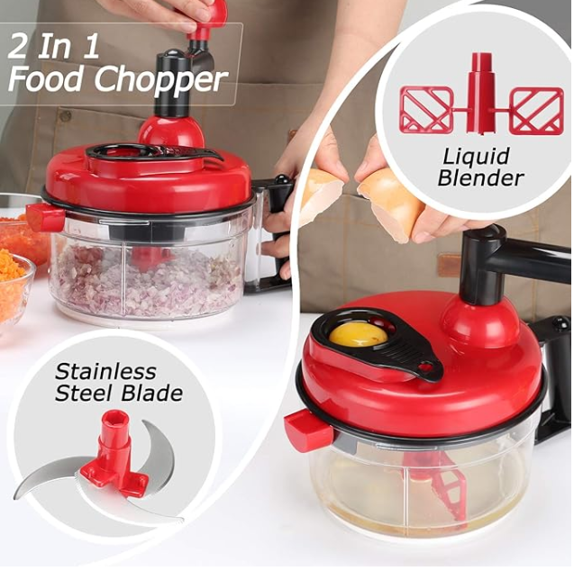 Cambom Manual Food Chopper Vegetable Chopper Hand Food Processor, Mixer, Blender, Whipper, Egg White Separator, Mincer, Grinder, Dicer with Clear Container 1200ml BPA Free Strong