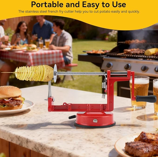 Potato Spiral Cutter, Twisted Potato Slicer Stainless Steel French Fry Cutter Hand Crank Curly Fries Potato Cutter with Suction Base for Potato