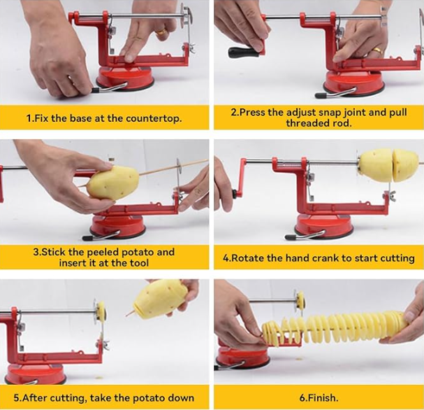 Potato Spiral Cutter, Twisted Potato Slicer Stainless Steel French Fry Cutter Hand Crank Curly Fries Potato Cutter with Suction Base for Potato