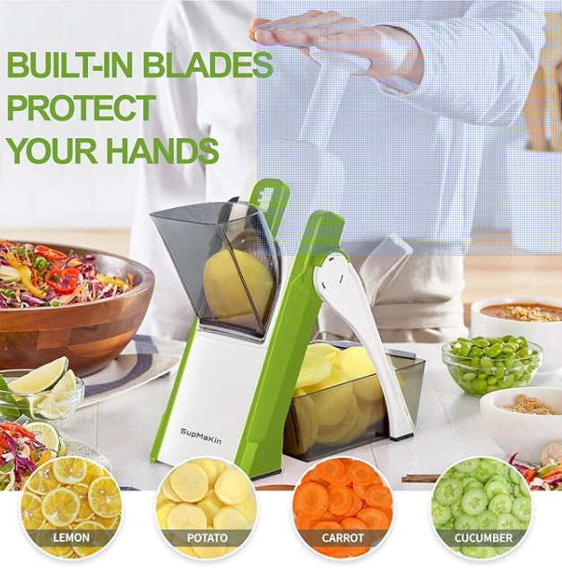 vONCE FOR ALL Safe Mandoline Slicer, Multi Vegetable Chopper, Potato Slicer for Kitchen, 4 Modes 100+ Presets Adjustable Thickness, French Fry Cutter (5 in 1 Green)