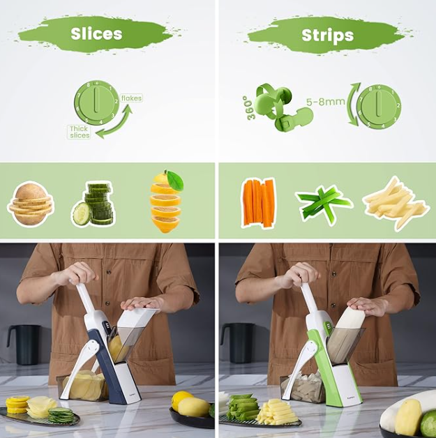 vONCE FOR ALL Safe Mandoline Slicer, Multi Vegetable Chopper, Potato Slicer for Kitchen, 4 Modes 100+ Presets Adjustable Thickness, French Fry Cutter (5 in 1 Green)