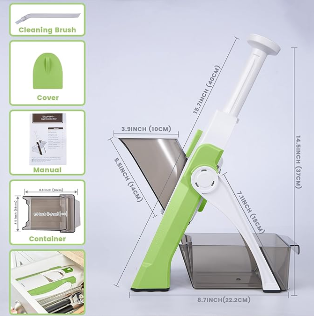 vONCE FOR ALL Safe Mandoline Slicer, Multi Vegetable Chopper, Potato Slicer for Kitchen, 4 Modes 100+ Presets Adjustable Thickness, French Fry Cutter (5 in 1 Green)