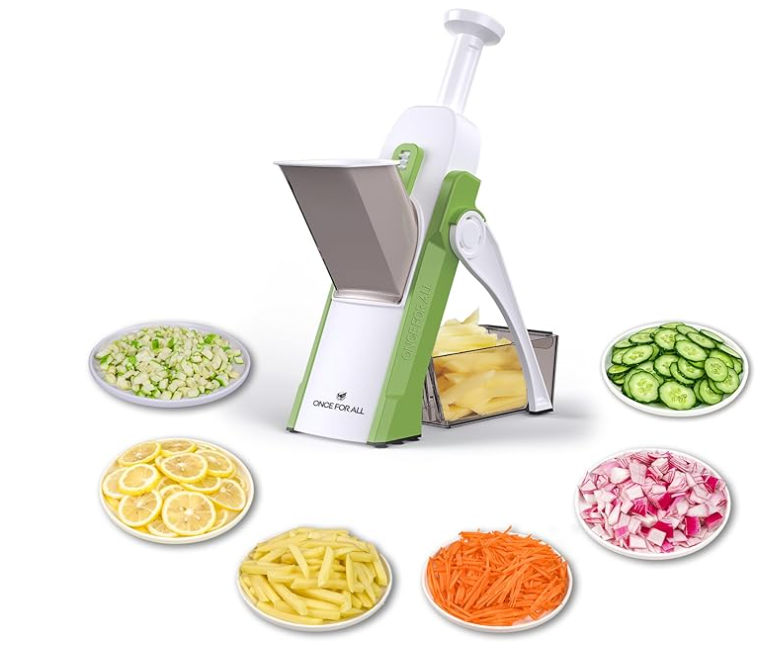 vONCE FOR ALL Safe Mandoline Slicer, Multi Vegetable Chopper, Potato Slicer for Kitchen, 4 Modes 100+ Presets Adjustable Thickness, French Fry Cutter (5 in 1 Green)