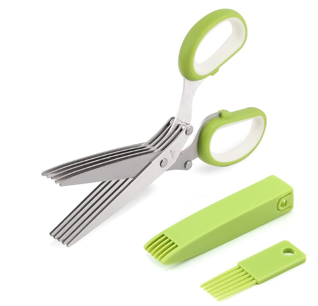 Herb scissors, Multipurpose Cutting Shears with 5 Blade Kitchen Salad Scissors, Safety Cover and Cleaning Comb for Chopping Cilantro Onion Basil Chive Parsley, Green