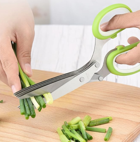 Herb scissors, Multipurpose Cutting Shears with 5 Blade Kitchen Salad Scissors, Safety Cover and Cleaning Comb for Chopping Cilantro Onion Basil Chive Parsley, Green