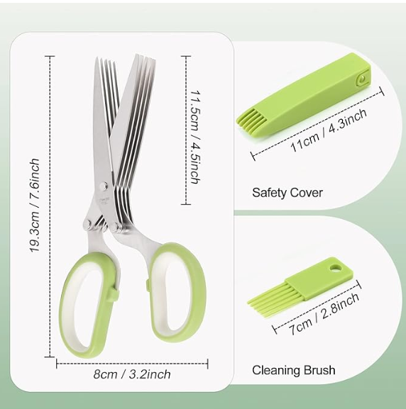 Herb scissors, Multipurpose Cutting Shears with 5 Blade Kitchen Salad Scissors, Safety Cover and Cleaning Comb for Chopping Cilantro Onion Basil Chive Parsley, Green