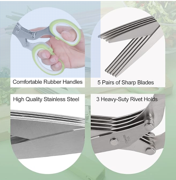 Herb scissors, Multipurpose Cutting Shears with 5 Blade Kitchen Salad Scissors, Safety Cover and Cleaning Comb for Chopping Cilantro Onion Basil Chive Parsley, Green