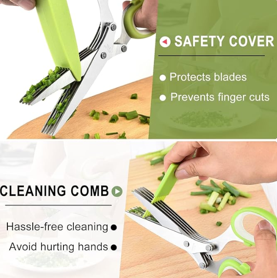Herb scissors, Multipurpose Cutting Shears with 5 Blade Kitchen Salad Scissors, Safety Cover and Cleaning Comb for Chopping Cilantro Onion Basil Chive Parsley, Green