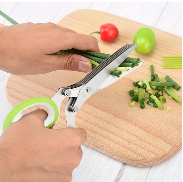 Herb scissors, Multipurpose Cutting Shears with 5 Blade Kitchen Salad Scissors, Safety Cover and Cleaning Comb for Chopping Cilantro Onion Basil Chive Parsley, Green