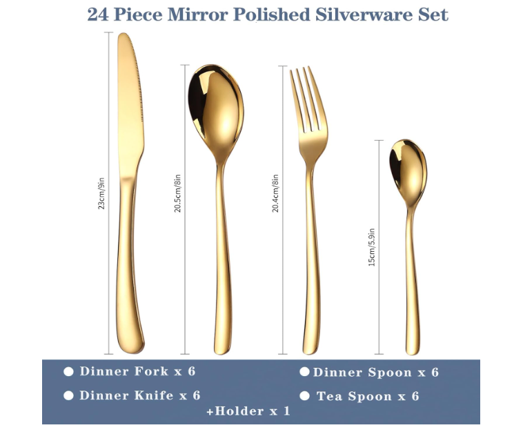 24 Pieces Flatware Set,Hanging Silverware Set Service for 6 (White Gold)