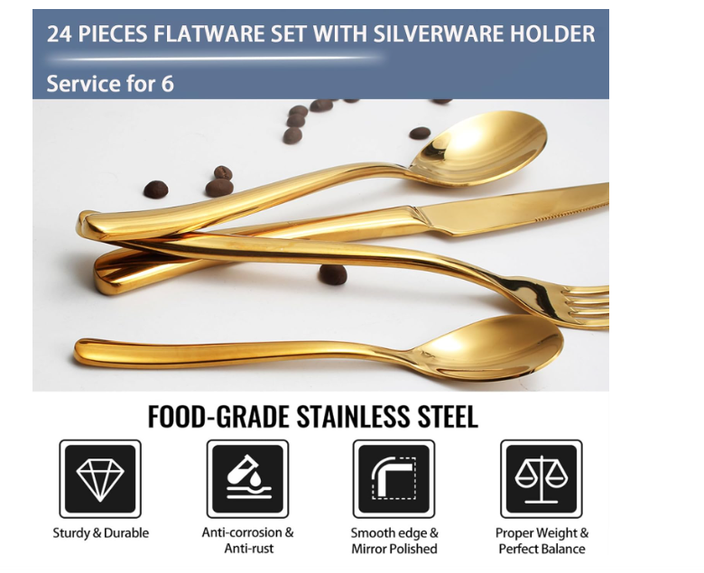 24 Pieces Flatware Set,Hanging Silverware Set Service for 6 (White Gold)