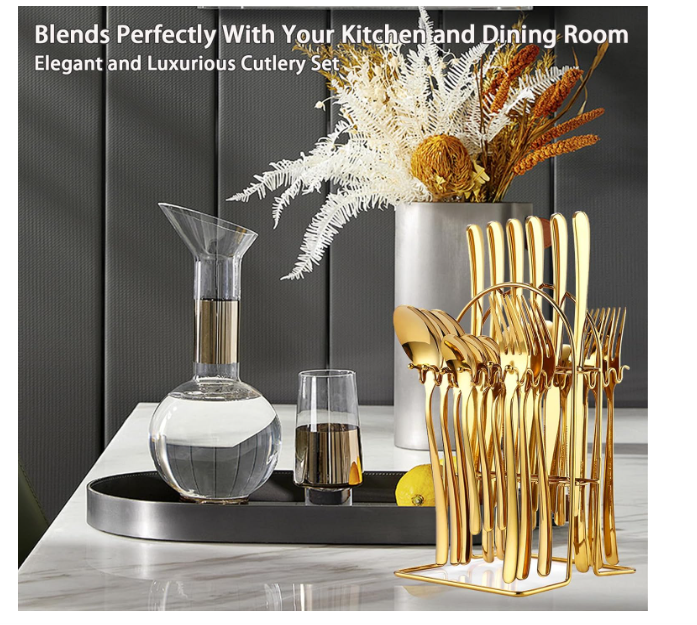 24 Pieces Flatware Set,Hanging Silverware Set Service for 6 (White Gold)